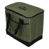 A green cooler bag with a black base and handles, featuring a logo on the top.