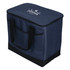 A navy blue cooler bag with a sturdy design, featuring a logo on the top and black handles.