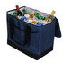 A navy cooler bag filled with ice and assorted beverages, including beers, wines, and soft drinks. It has a logo.