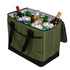 A large green cooler bag filled with ice and various beverages, including cans and bottles. It features sturdy black handles.