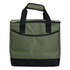 A green cooler bag with a black bottom and sturdy handles, featuring a front pocket and a logo.