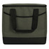 A 36-can cooler in a dark green and black design, featuring sturdy handles and a zip closure.