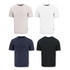 A collection of Cutter & Buck Coastline Epic Comfort Tees in light grey, white, navy, and black. Each shirt features a logo.