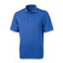 A blue polo shirt featuring a collar and three-button placket. It includes a logo on the chest.