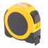 A yellow and black tape measure with a logo, featuring a protective casing and a visible locking mechanism.
