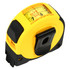 A tape measure in yellow and black, featuring a measurement window and a branding logo.