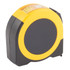A yellow and black tape measure with a visible measuring scale and a logo on the body.