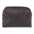A grey toiletry bag with a zip closure, suitable for personal care essentials. Features a simple design and fabric texture.