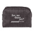 A grey travel pouch with a zip closure and a logo, featuring the phrase "Are we there yet?" in white text.