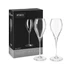 A set of two elegant clear glass champagne flutes, packaged in a black box with branding. Each glass holds 230ML.