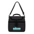 A black insulated lunch bag with a shoulder strap, featuring a logo on the front.