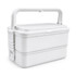 A double-layer lunchbox in white with a handle and a securing latch for easy transporting.