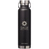 A drink bottle in matte black with a stainless steel lid and a logo, designed for vacuum insulation.