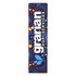 A drink bottle with a vibrant blue and purple design, featuring a logo with stylised elements and patterns.