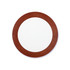 A round mirror with a wooden, brown frame and a smooth, reflective surface.