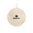 A round, speckled eco-friendly wireless charger in light cream, featuring a logo at the centre and a charging cable attached.