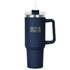 A drink bottle with a navy blue exterior, featuring a clear lid and straw, and a handle. It has branding on the side.