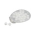 An egg-shaped container holding white, sugar-free breath mints, with some mints visible outside the container.