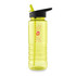 A drink bottle in bright yellow with a black lid and straw, featuring a logo design.
