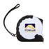 A white and black retractable tape measure with a logo, featuring a textured grip and a wrist strap.