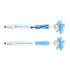 A pen stylus with a blue and white design, featuring a playful mop-top head and a logo on the barrel.