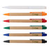 A collection of six pens in various colors, including white, orange, red, green, blue, and black, with cardboard bodies.