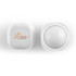 A white cube lip balm container with a smooth, round balm inside and a logo on the lid.