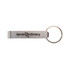 A drink bottle opener keytag in silver with a keyring, featuring a logo on the side.