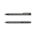 A metal pen in black and dark grey, featuring a clip and sleek design, with branding visible.