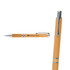 A bamboo pen featuring silver accents and a logo, showcasing a natural wood finish.