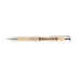 A cork-finished pen with silver accents and a branding logo displayed on the barrel.