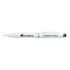 A metal pen in white with a clip and a black tip, featuring a logo and text design.