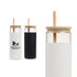 A glass tumbler with a bamboo lid and straw, featuring a white and black colour scheme and a logo.