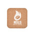 A cork square coaster in a natural brown hue, featuring a logo and branding.
