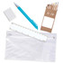 A pencil case containing colored pencils, a blue pen, a ruler, and a white eraser.
