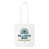 A white long-handled cotton bag with a logo featuring palm trees and text in blue and yellow.