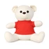 A plush bear in a red shirt, featuring a cream-coloured body and black eyes, seated with arms outstretched.