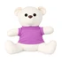 A plush calico bear in white with a purple shirt, featuring large eyes and a friendly expression.
