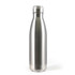 A drink bottle with a sleek silver stainless steel design and a screw-on lid. It features a branding logo.
