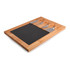 A bamboo cheese board with a slate surface and three stainless steel cheese knives. Features a natural wood finish.