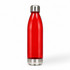 A drink bottle in bright red with a stainless steel top and base, featuring a logo.