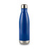 A drink bottle in a vibrant blue colour with a stainless steel base and a silver screw top. Features a logo.