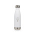 A drink bottle in white with a stainless steel base, featuring a logo and a sleek design.