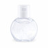 A clear, round bottle of gel hand sanitiser with a white pump top. The gel contains small bubbles.