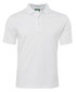 A white polo shirt with a collar and a branded tag. Features short sleeves and a button placket.