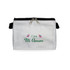 A white cosmetic bag with a zip closure, featuring a front design with green and red decorative elements.