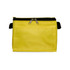 A yellow zippered bag with a black strap, featuring a front pocket and a smooth, durable fabric.
