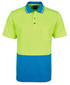 A bright yellow and blue work polo shirt featuring a pocket and contrasting collar. The shirt has a logo on it.