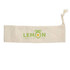 A cream-coloured drawstring pouch with a logo in green and yellow. Ideal for various small items.