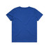 A blue youth staple tee with a plain back and short sleeves, featuring a logo.